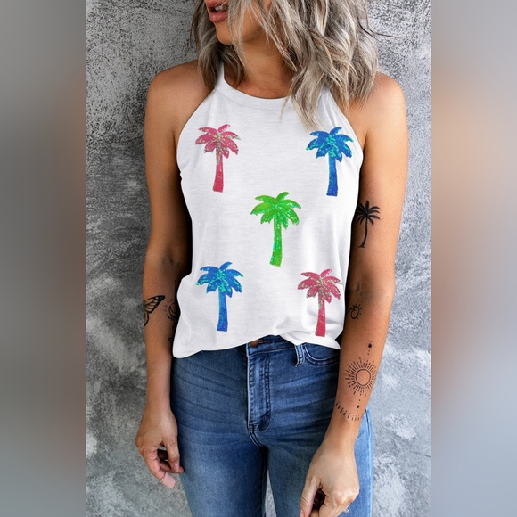 Sequin Coconut Tree Round Neck Tank - Picture 2 of 5